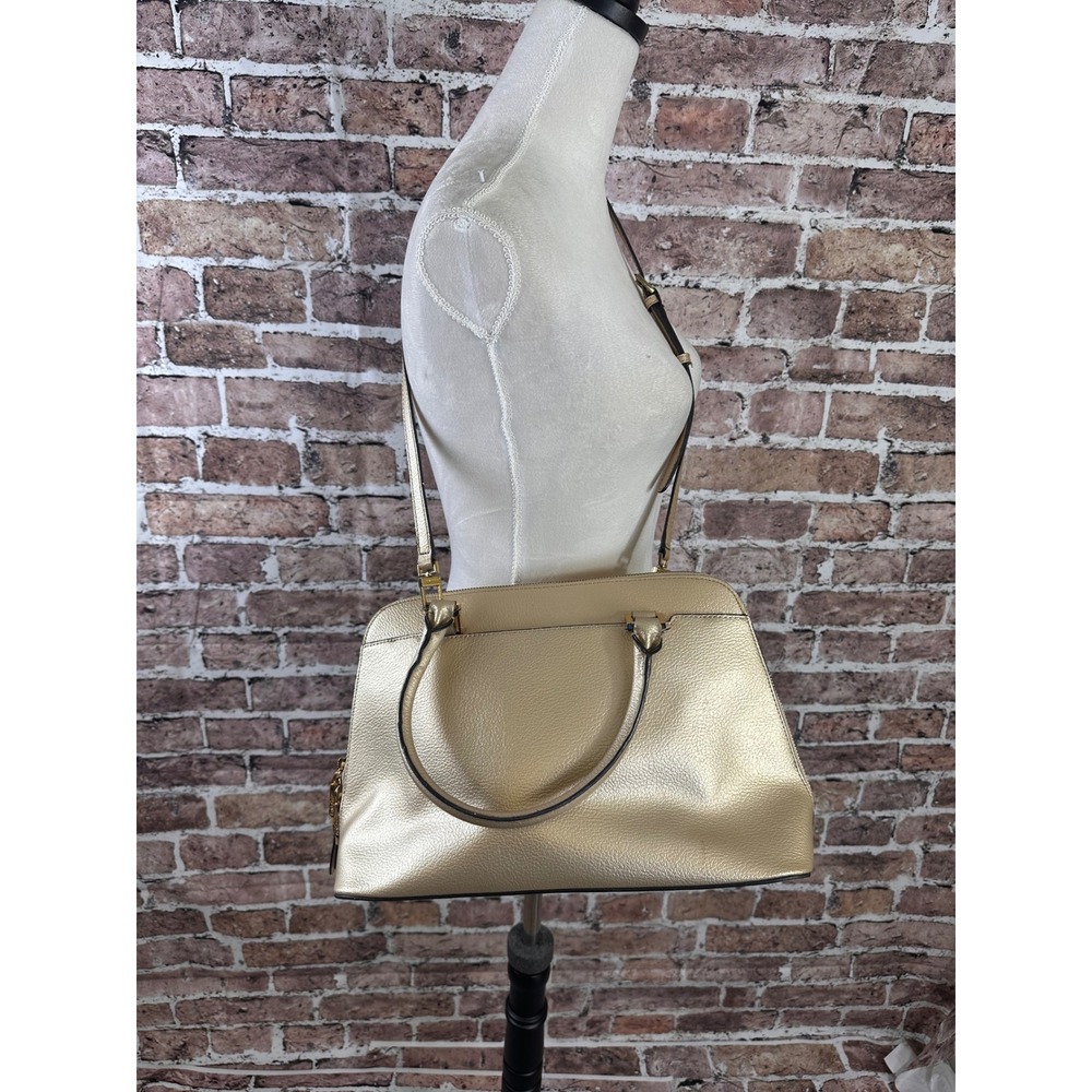 Calvin Klein Gold Metallic Pebbled Leather Satchel Crossbody Bag Convertible - Picture 3 of 16